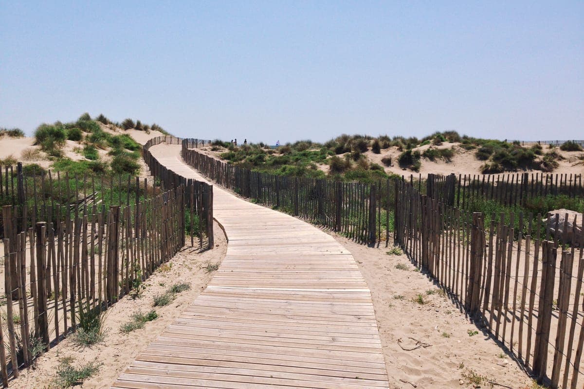 Sentier en bois dans les dunes du littoral de Mauguio