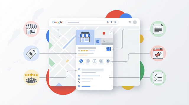 Capture annotée d'une fiche Google Business Profile montrant les zones qui impactent le classement