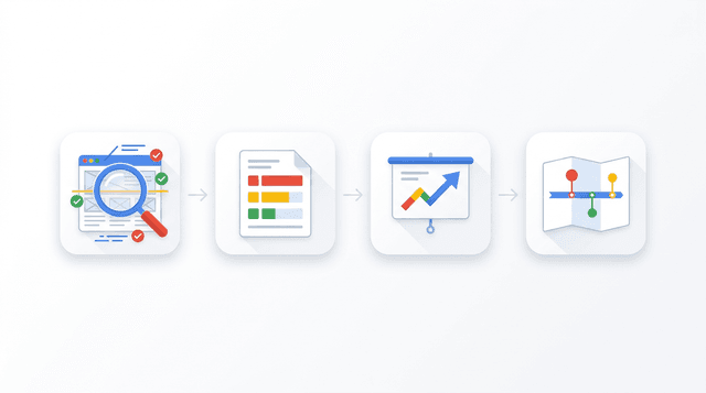 Les 4 étapes d'un audit SEO : analyse, rapport, présentation, feuille de route