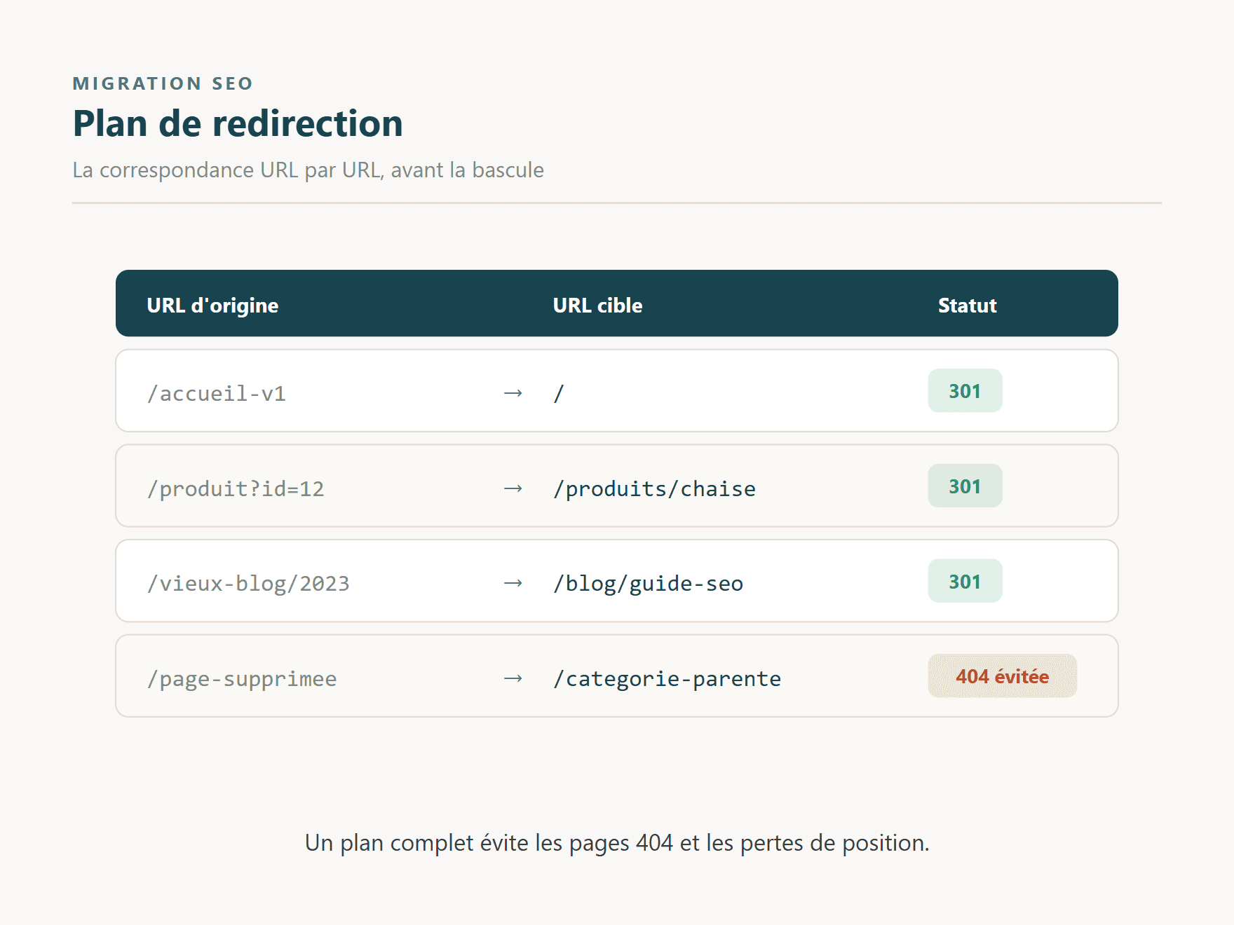 Tableau de plan de redirection : chaque URL d'origine associée à son URL cible avec le statut 301, évitant les erreurs 404
