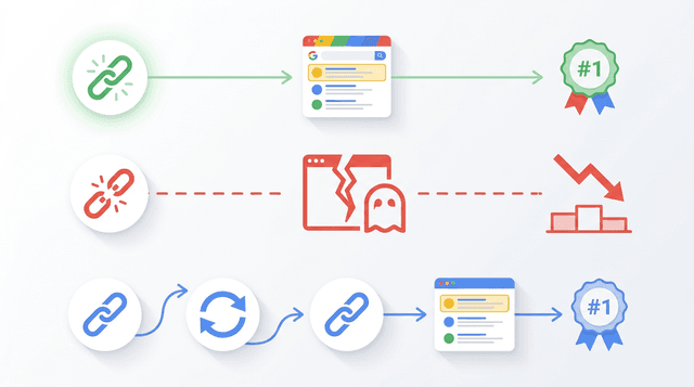 Schéma avant/après montrant une URL sans redirection qui perd sa position versus une URL redirigée qui la préserve