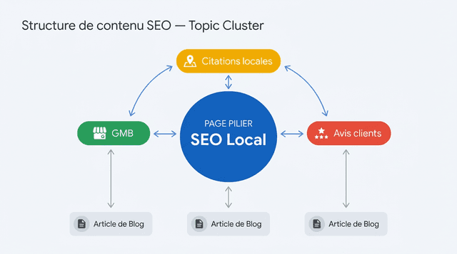 Schéma de maillage en silos : page pilier, pages satellites et articles de blog interconnectés